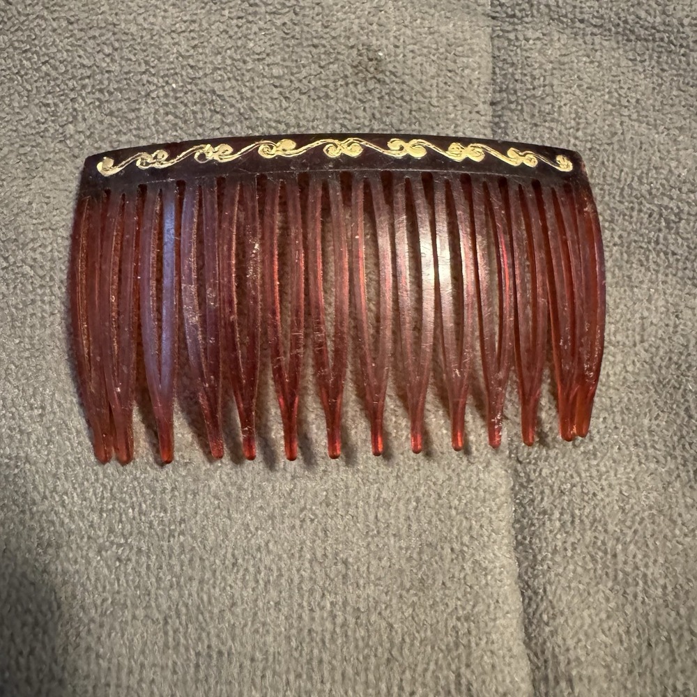 Vintage Brown Side Comb French Hair Comb Gold Etched Swirl Celluloid Style